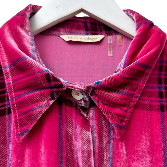 SOFT SURROUNDINGS Velvet Shirt Large Tall Pink Plaid Rayon Silk Button Up Womens - Picture 6 of 11